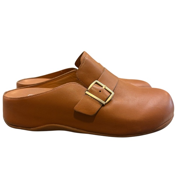 Fitflop Tan Leather Mules with Gold Buckle - Picture 5 of 9